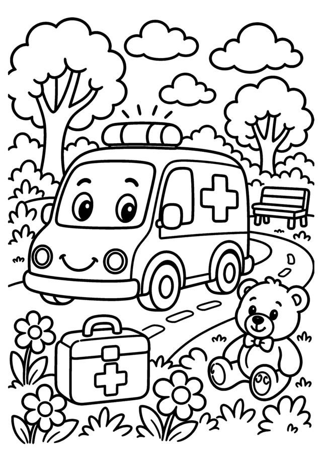Ambulance douce. Une ambulance avec trousse de secours et peluche dans un décor rassurant.