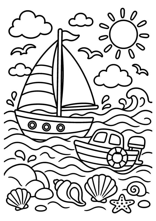 Bateau au soleil. Un voilier sur la mer avec coquillages, soleil et petits nuages.
