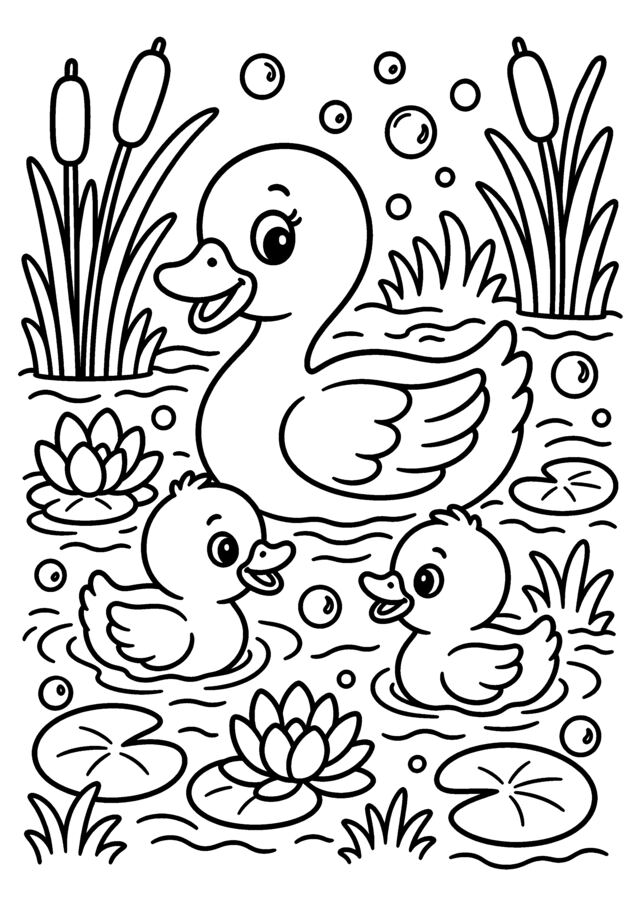 Canards sur l’étang. Une famille de canards nage entre roseaux et nénuphars.