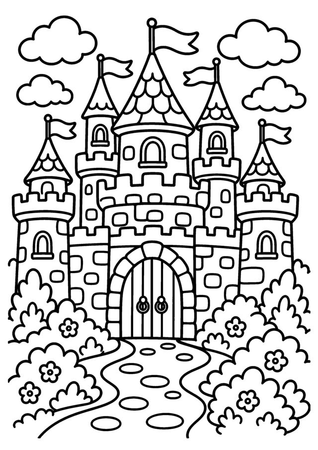 Château magique. Un château de conte avec tours, drapeaux et chemin fleuri.