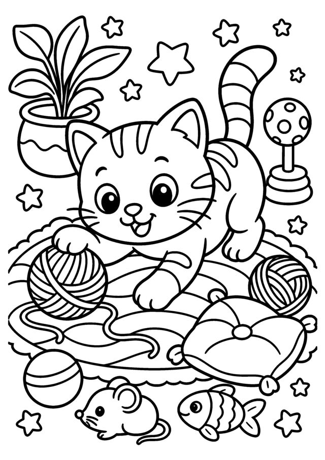 Chaton joueur. Un chaton joue avec des pelotes dans une chambre pleine d’étoiles.