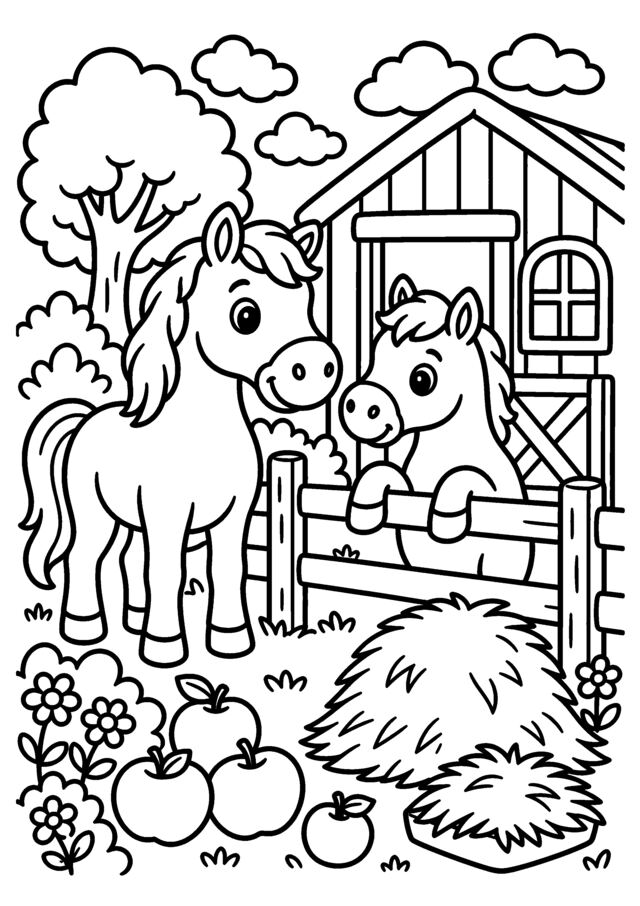 Chevaux à l’écurie. Deux chevaux près d’une écurie, avec foin et pommes.