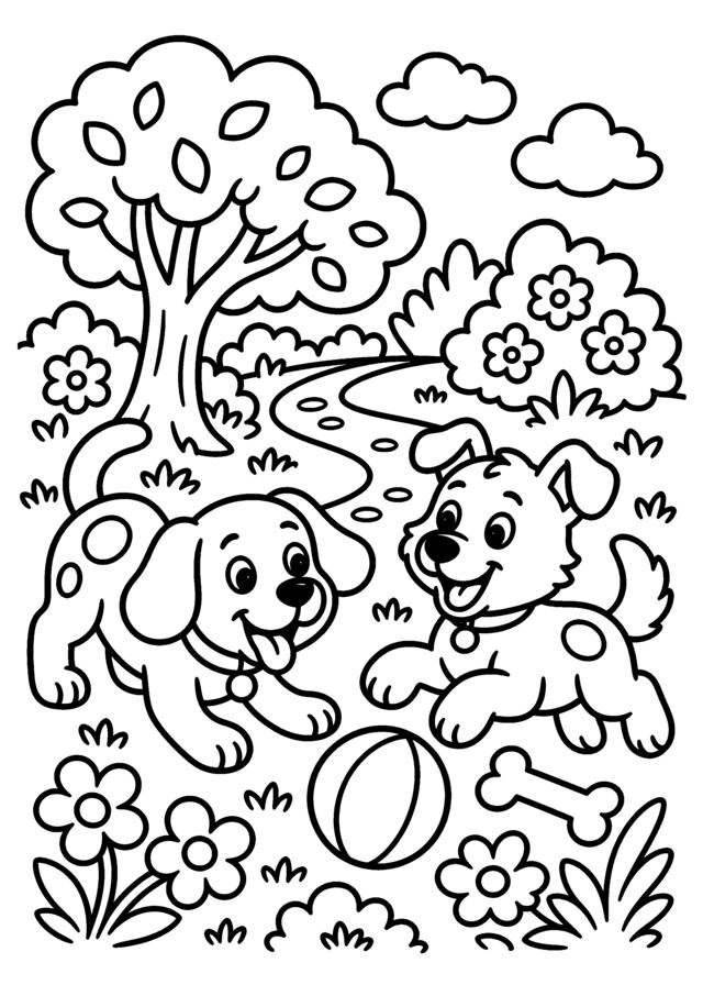 Chiots au parc. Deux chiots jouent avec une balle dans un jardin.