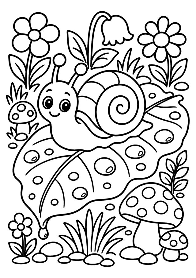 Escargot dans l’herbe. Un escargot avance parmi les feuilles, fleurs et champignons.