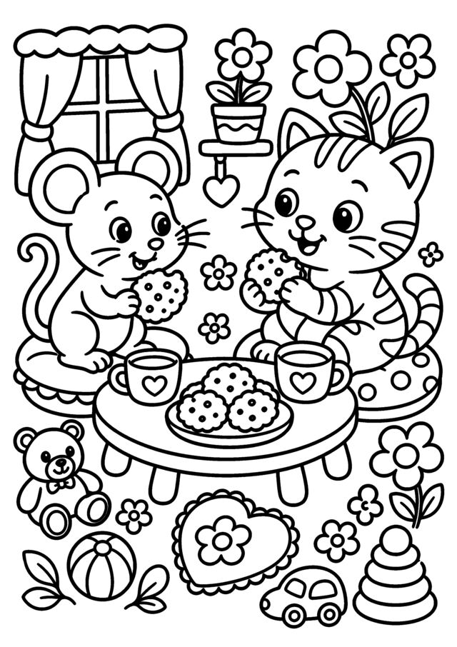 Goûter des souris. Deux souris partagent un goûter dans un décor de jardin.