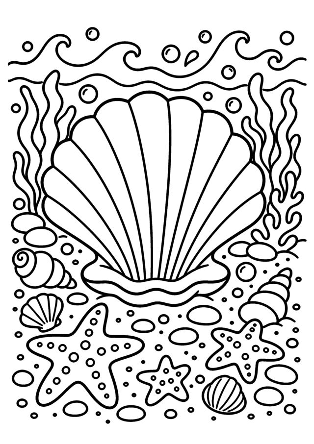 Grand coquillage. Un coquillage central entouré d’étoiles de mer et de bulles.