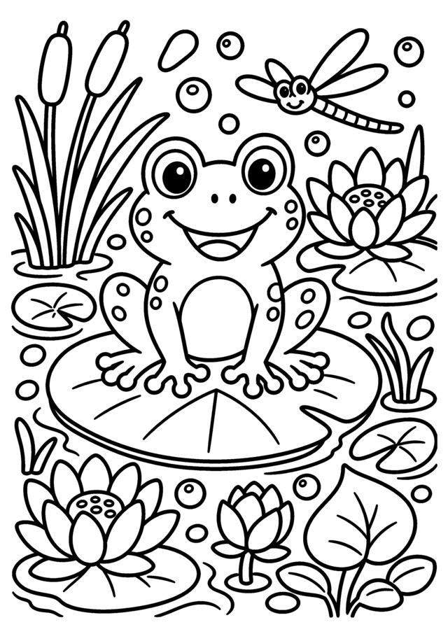 Grenouille sur nénuphar. Une grenouille souriante posée au milieu des fleurs d’eau.