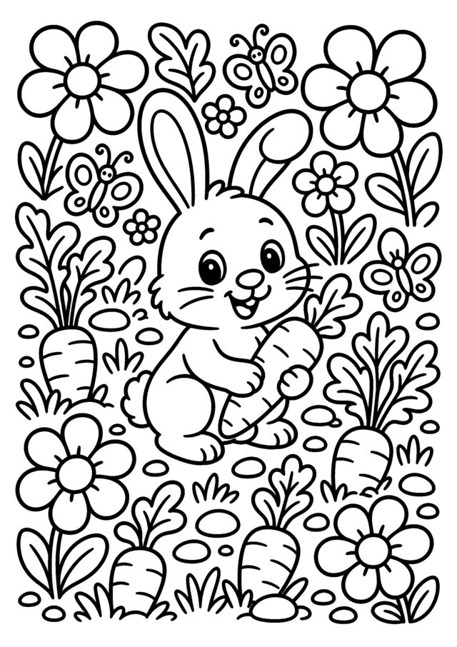 Lapin au jardin. Un petit lapin entouré de fleurs et de carottes, idéal pour une activité douce et printanière.