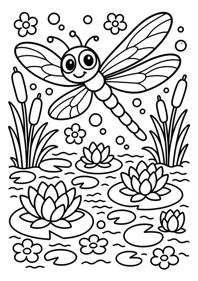 Libellule de l’étang. Une libellule survole des nénuphars et petites fleurs.