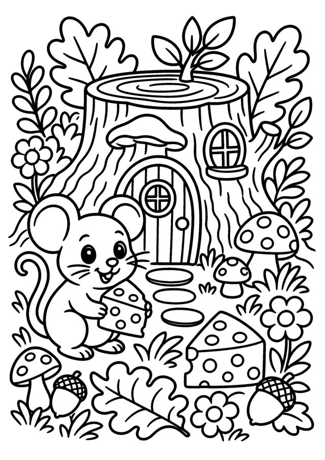 Maison de souris. Une petite souris devant une maison cachée dans un tronc.