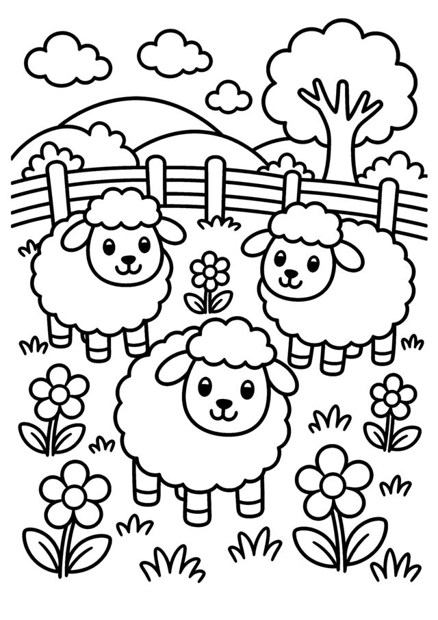 Moutons au pré. Trois moutons dans une prairie avec fleurs et barrières.