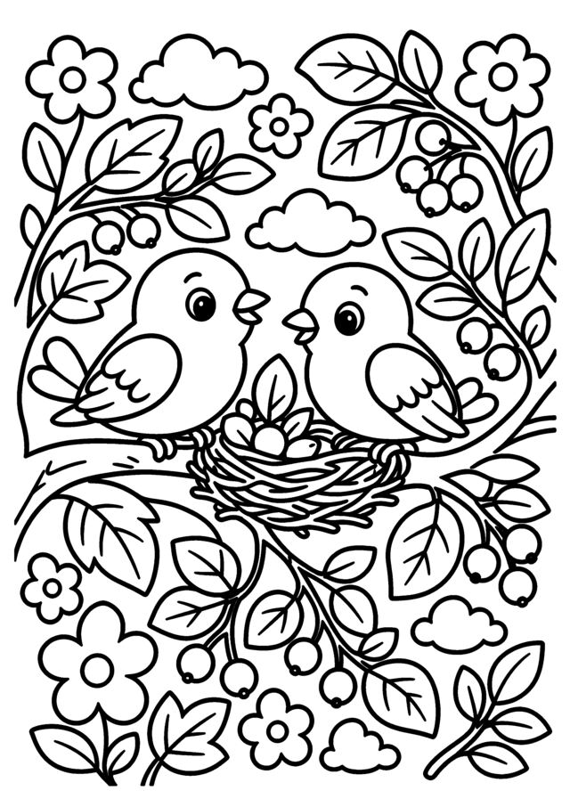 Nid d’oiseaux. Deux oiseaux veillent sur leur nid dans un cadre de feuilles et fleurs.
