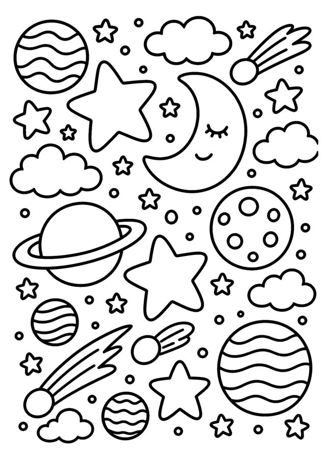 Nuit étoilée. Planètes, lune, étoiles et comètes pour une page très graphique.