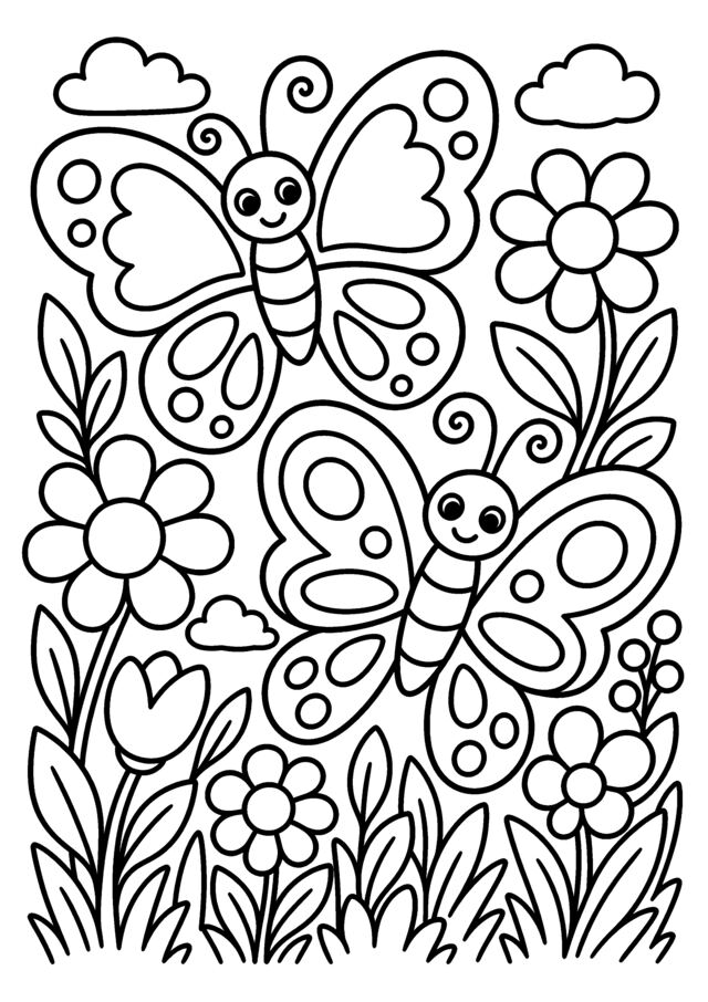 Papillons fleuris. Deux grands papillons dans un décor de fleurs simples et lisibles.