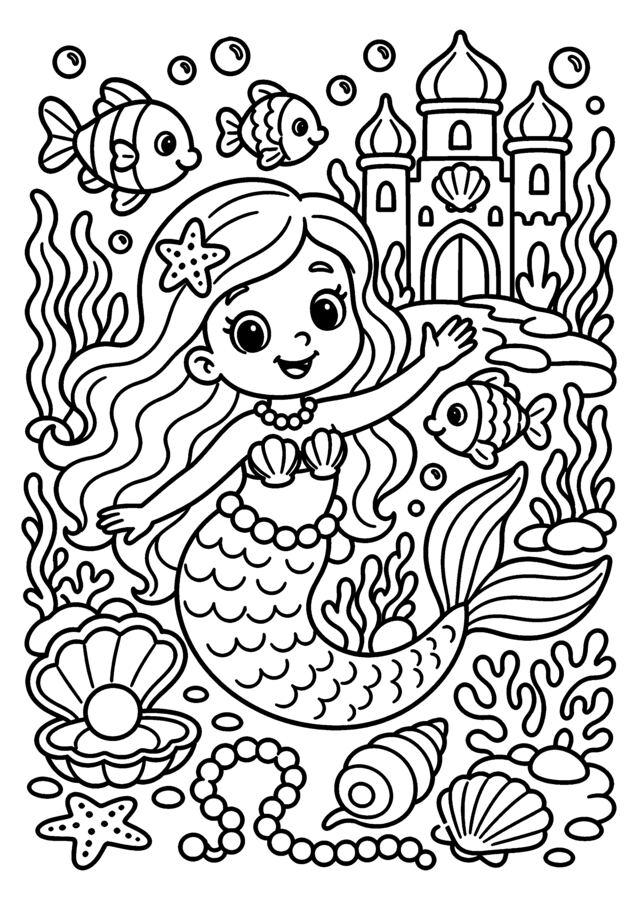 Petite sirène. Une sirène souriante près d’un château sous-marin.