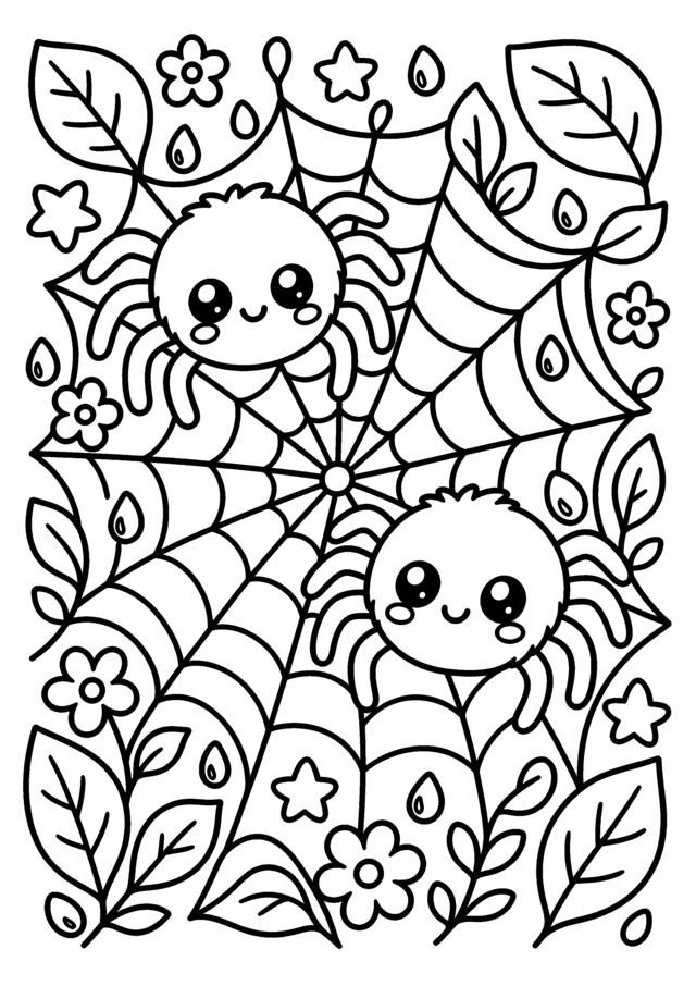 Petites araignées. Deux araignées mignonnes dans une toile décorée de feuilles.