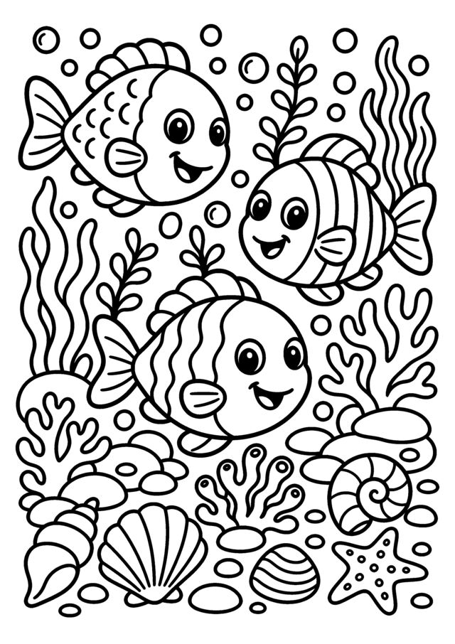 Petits poissons. Trois poissons joyeux nagent entre algues, coquillages et bulles.