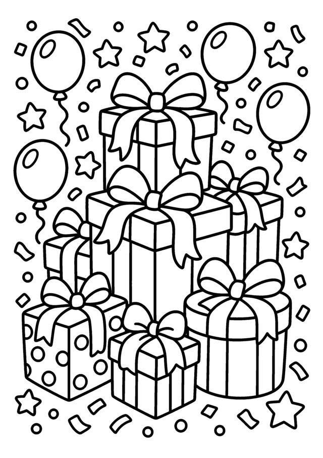 Pile de cadeaux. Cadeaux, ballons et confettis pour une page festive.