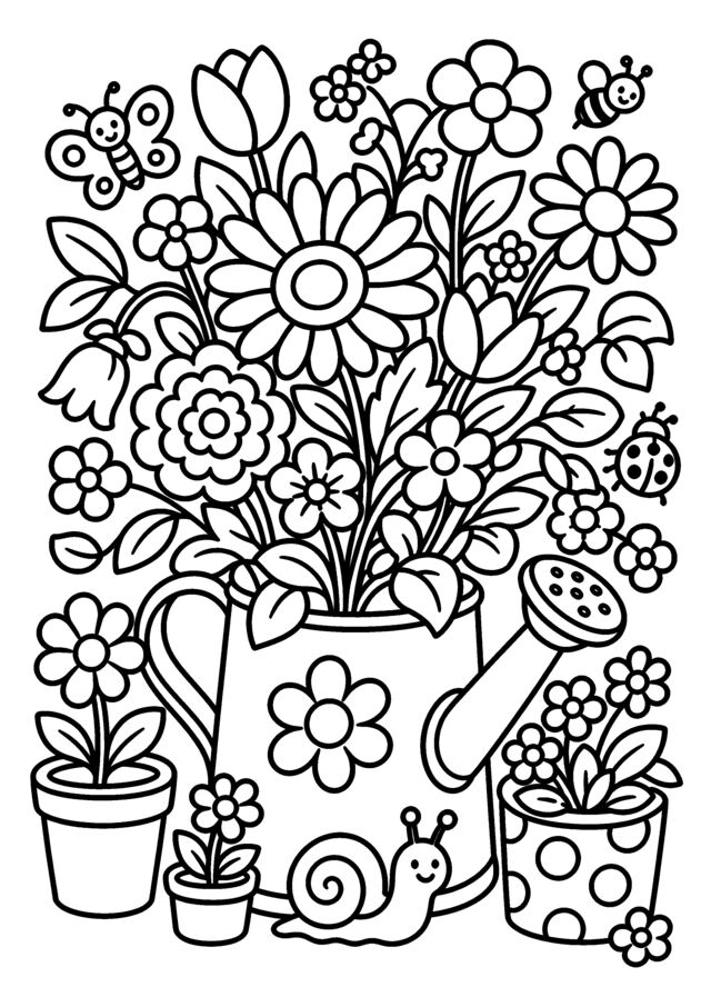 Pots de fleurs. Des pots, des fleurs et un arrosoir pour une page pleine de petits détails à colorier.