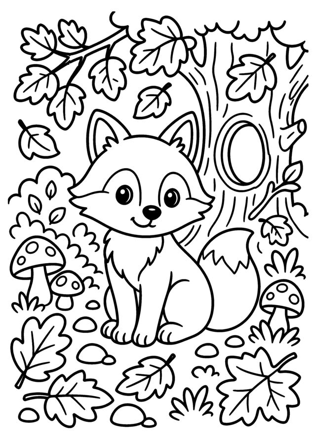 Renard d’automne. Un renard dans la forêt, entouré de feuilles et de champignons.