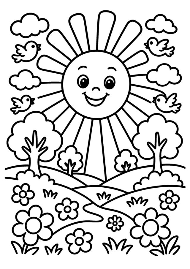 Soleil souriant. Un grand soleil joyeux au-dessus d’un paysage fleuri.
