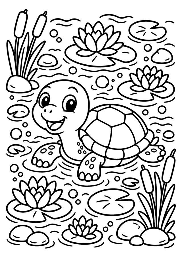Tortue sur l’étang. Une tortue nage entre nénuphars, roseaux et petits galets.