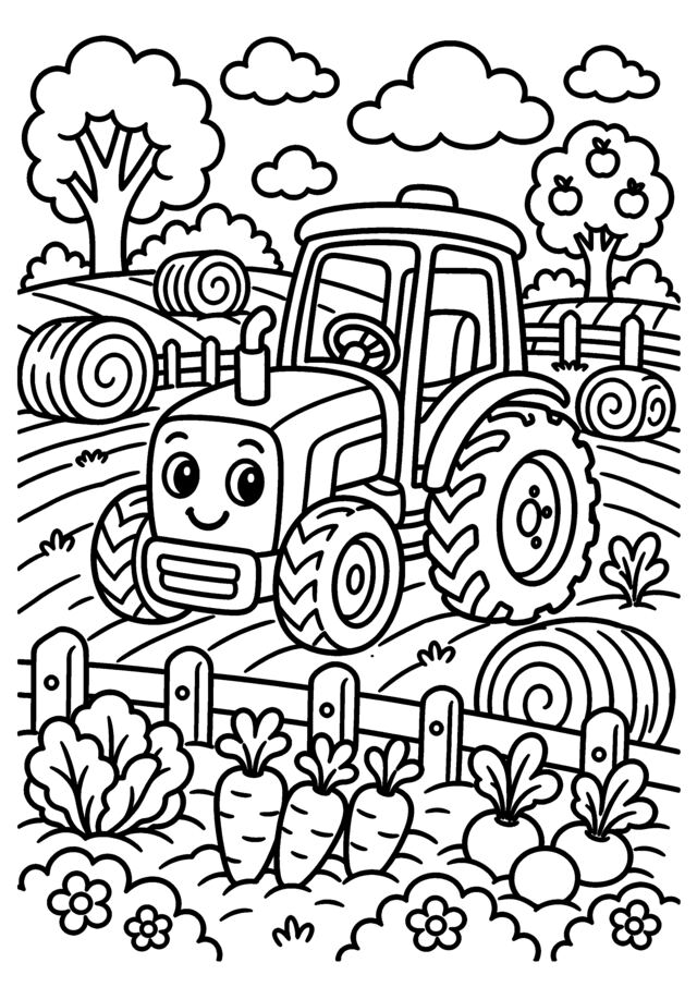 Tracteur au champ. Un tracteur souriant dans un champ avec légumes et ballots de foin.