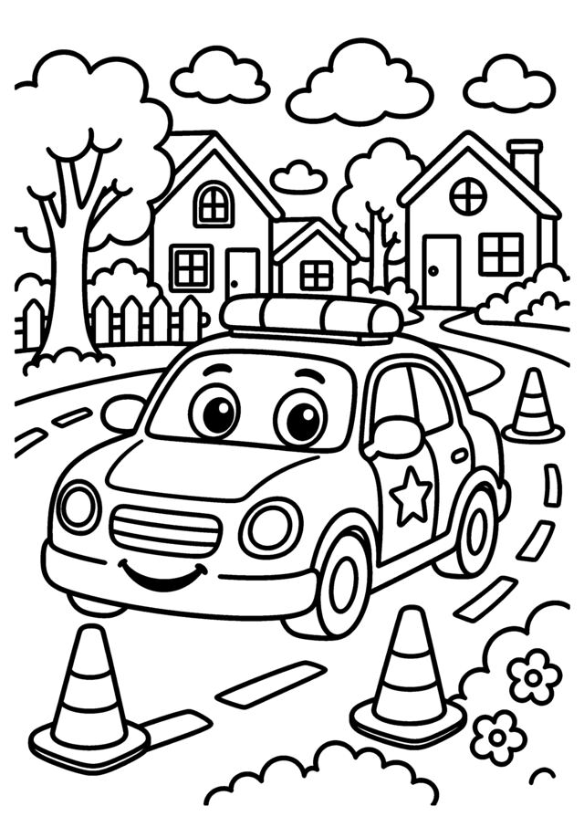 Voiture de police. Une voiture de police souriante roule entre plots et maisons.