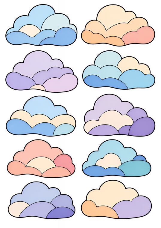 Nuages à découper du thème Ciel des oiseaux joyeux, formes à découper et coller.