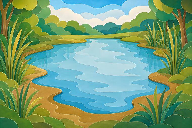 Rive d’étang du thème Étang des grenouilles, décor à imprimer pour collage.