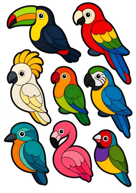 Oiseaux tropicaux à découper du thème Jungle des oiseaux colorés, formes à découper et coller.