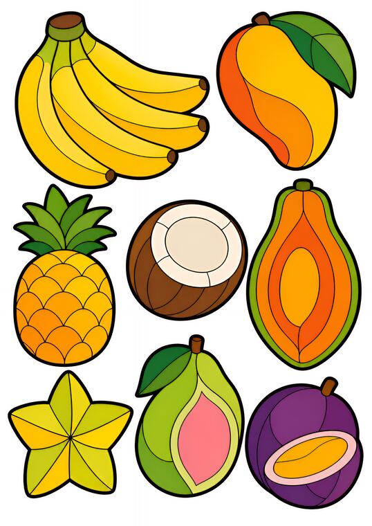 Fruits de jungle à découper du thème Jungle des oiseaux colorés, formes à découper et coller.