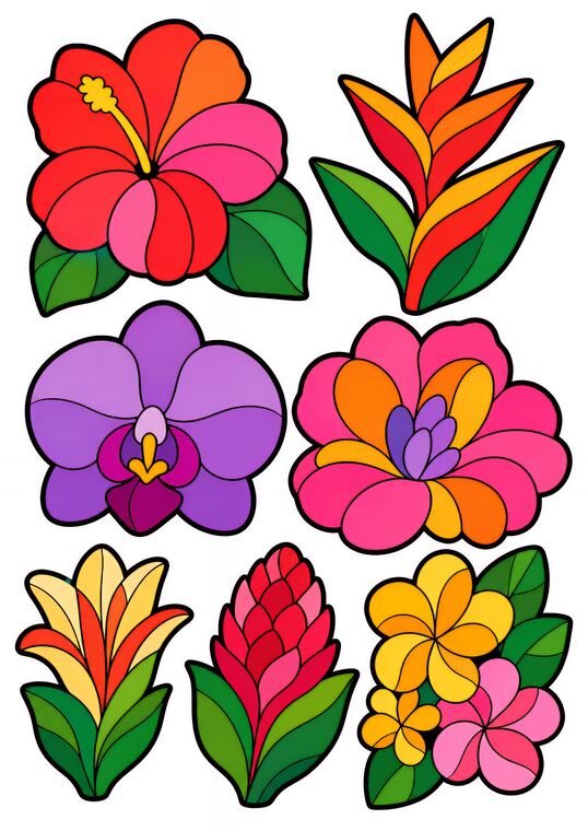 Grandes fleurs à découper du thème Jungle des oiseaux colorés, formes à découper et coller.