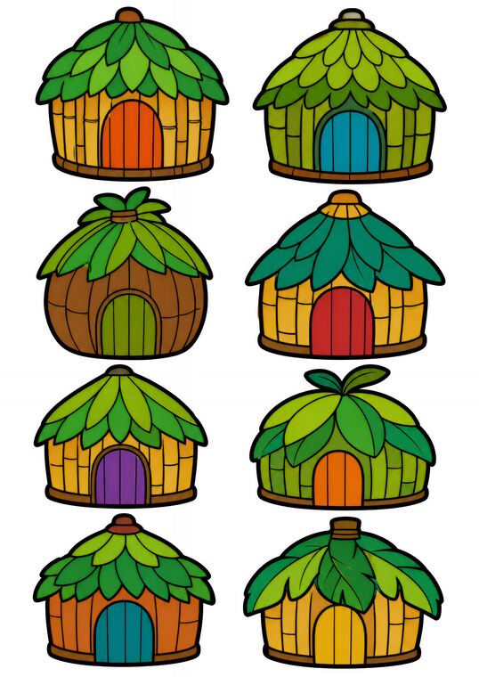 Cabanes à découper du thème Jungle des oiseaux colorés, formes à découper et coller.
