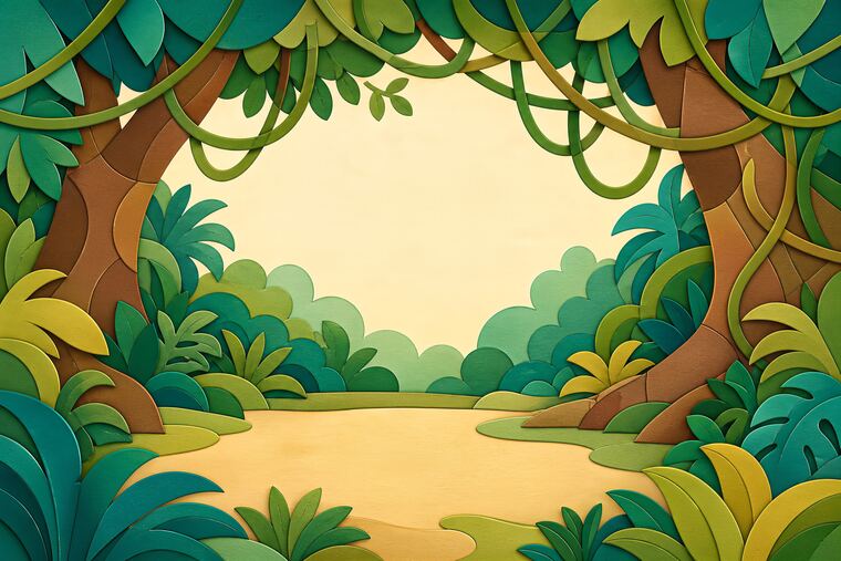 Scène 2 du thème Jungle des oiseaux colorés, décor à imprimer pour collage.