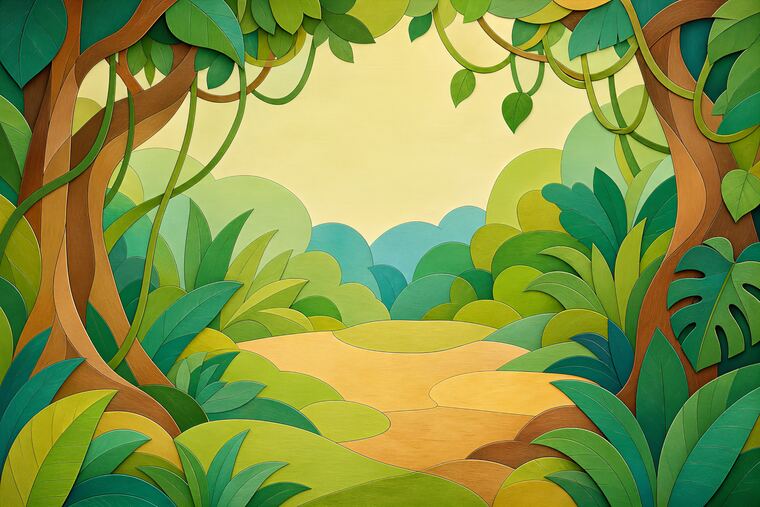 Scène principale du thème Jungle des oiseaux colorés, décor à imprimer pour collage.