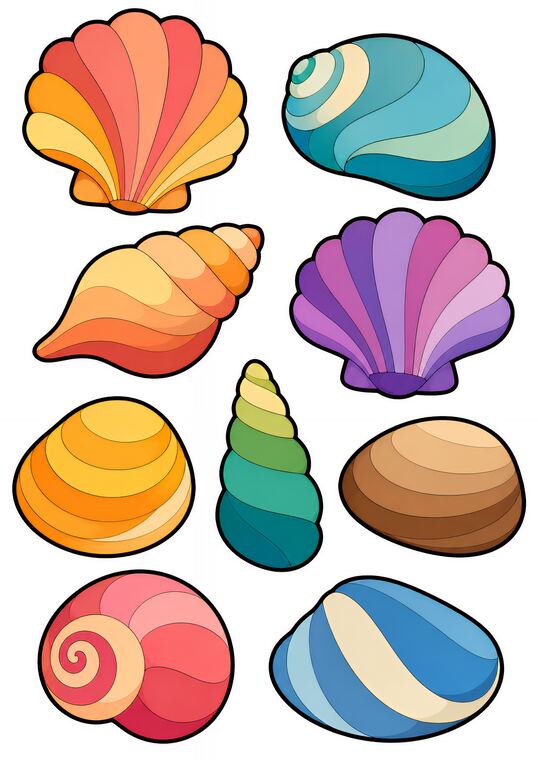 Coquillages à découper du thème Plage aux trésors, formes à découper et coller.