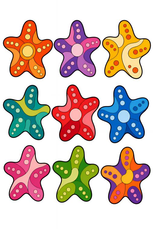 Étoiles de mer simplifiées à découper du thème Récif des petits poissons, formes à découper et coller.
