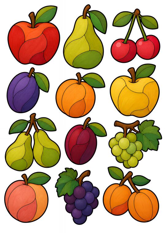 Fruits du verger à découper du thème Verger des oiseaux gourmands, formes à découper et coller.