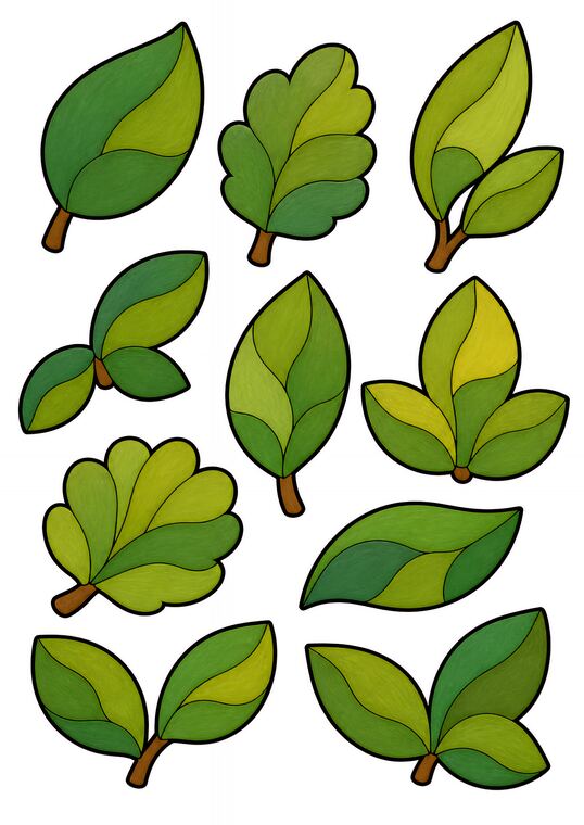 Feuilles décoratives à découper du thème Verger des oiseaux gourmands, formes à découper et coller.