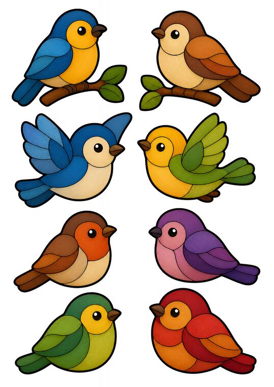 Oiseaux gourmands à découper du thème Verger des oiseaux gourmands, formes à découper et coller.