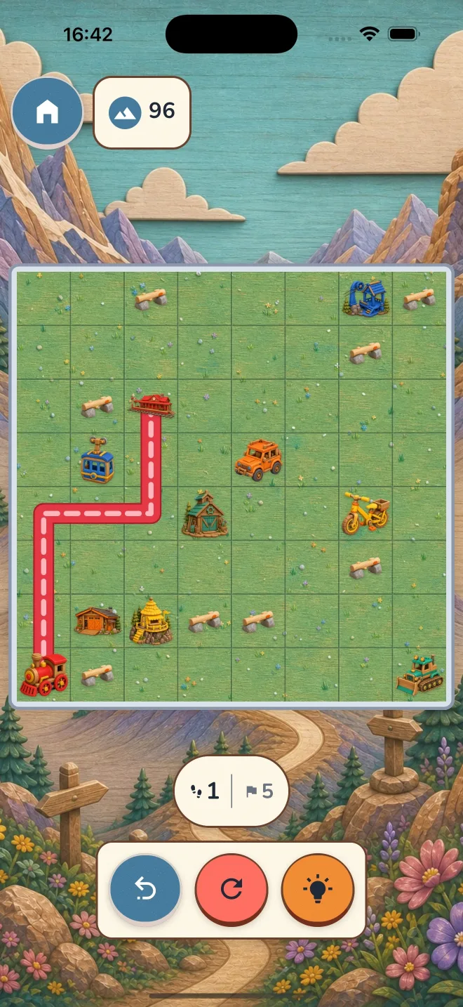 Peaks board with trains, lodges and paths