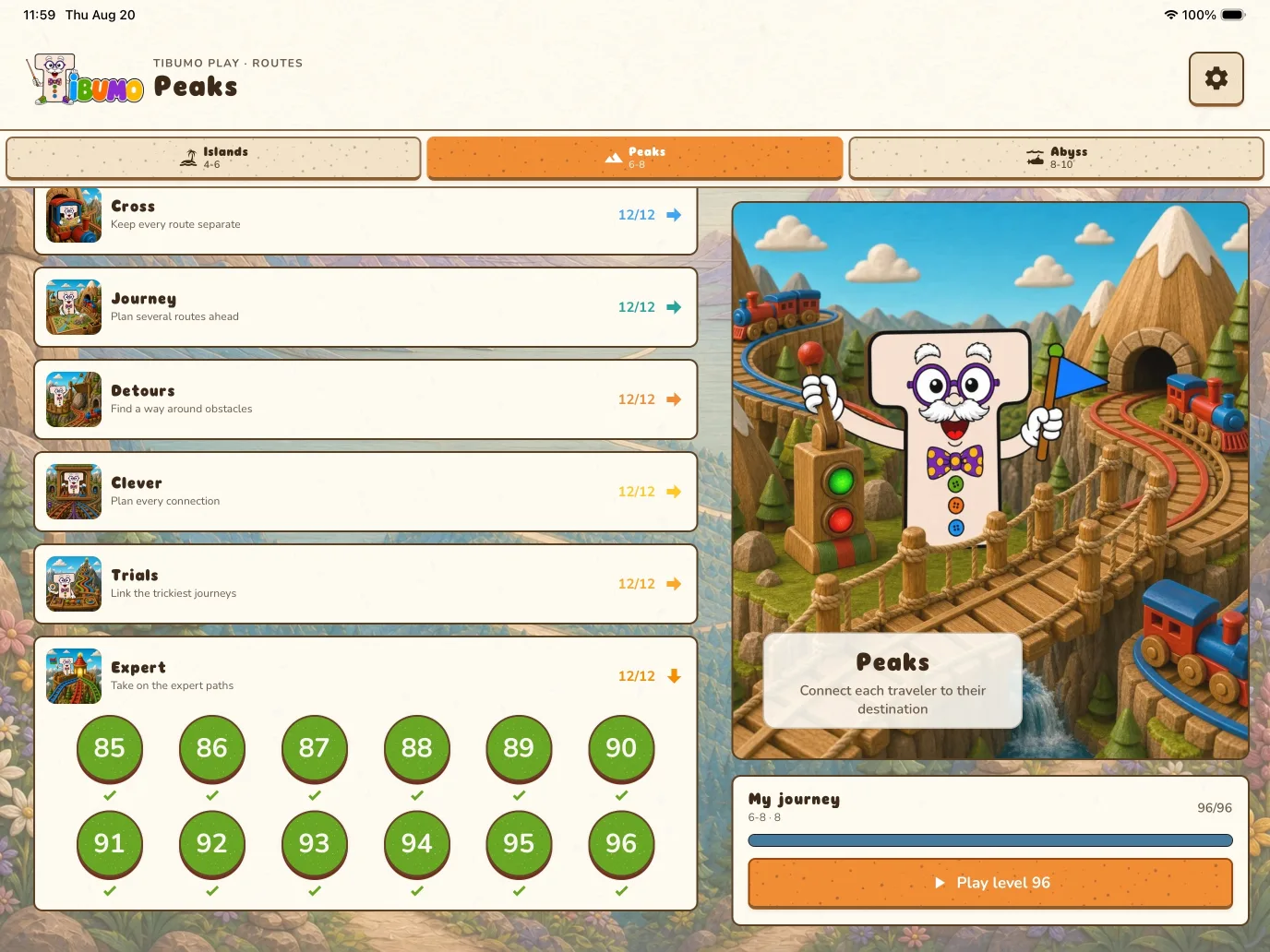 Peaks level menu and journey progress