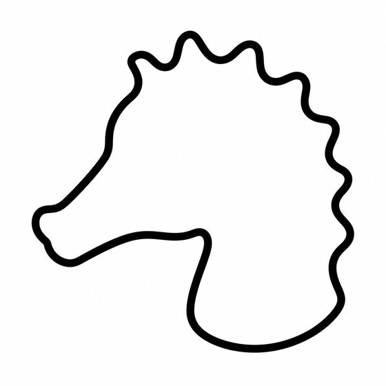 Silhouette d’hippocampe à imprimer, contour épais sans détails intérieurs.