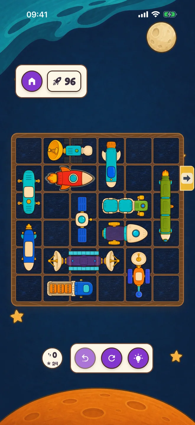 Space puzzle board with the red rocket