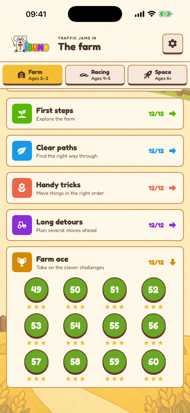Farm level menu with chapter progress