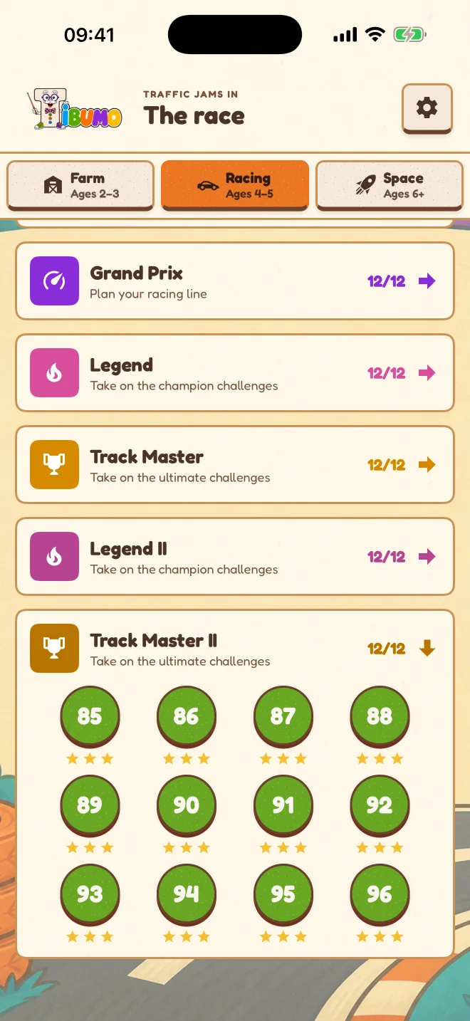 Racing level menu with chapter progress