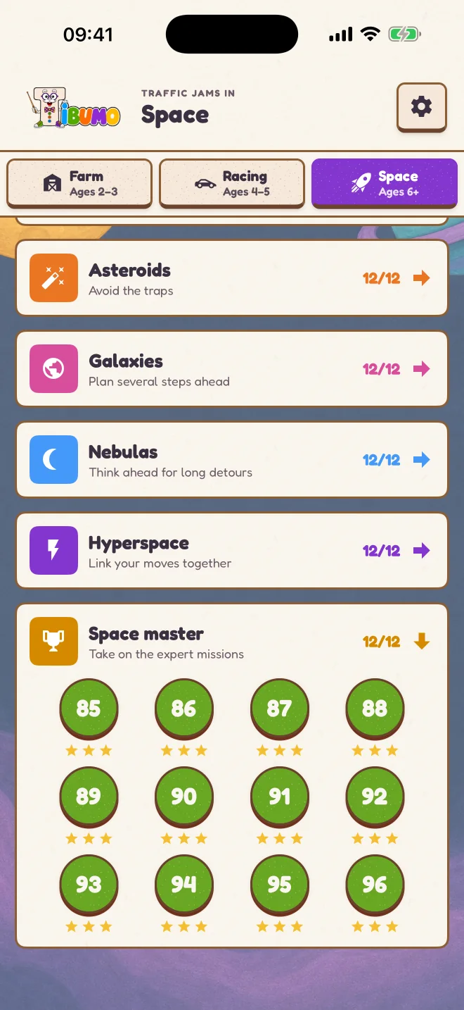 Space level menu with chapter progress