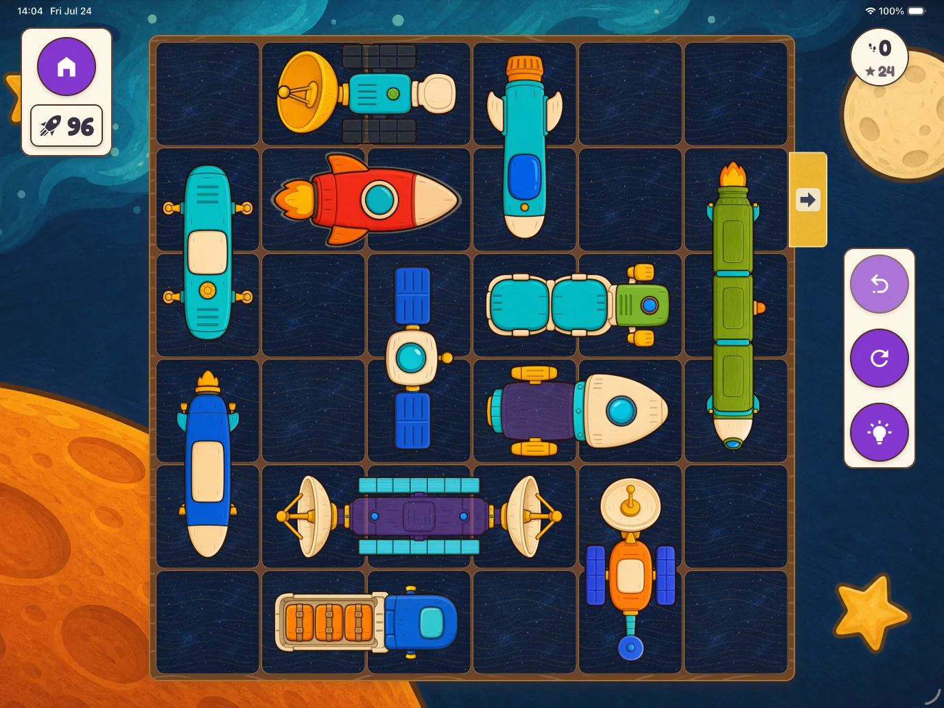 Space puzzle board with the red rocket