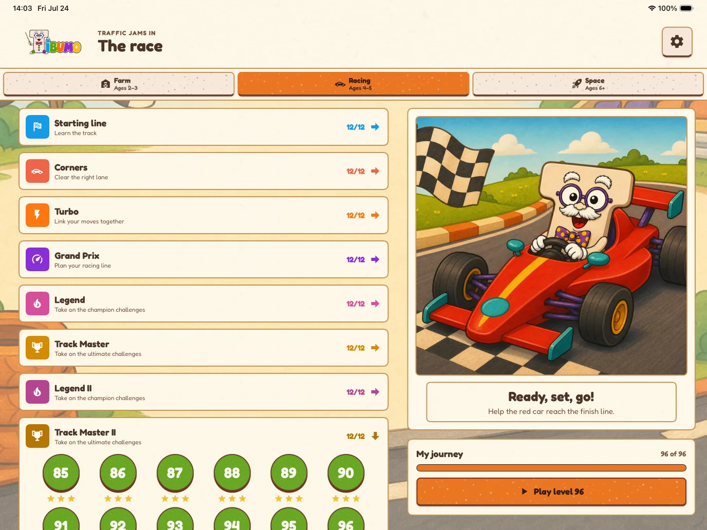 Racing level menu with chapter progress